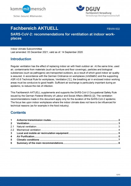 FBVW-502 „SARS-CoV-2: recommendations for ventilation at indoor workplaces“