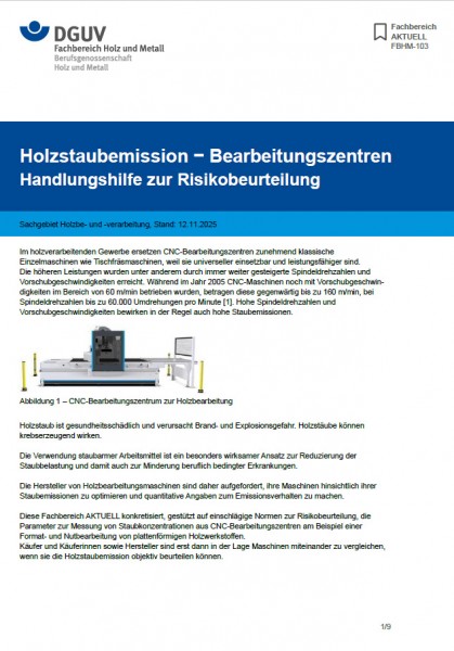 FBHM-103: Holzstaubemission − Bearbeitungszentren (Handlungshilfe zur Risikobeurteilung)