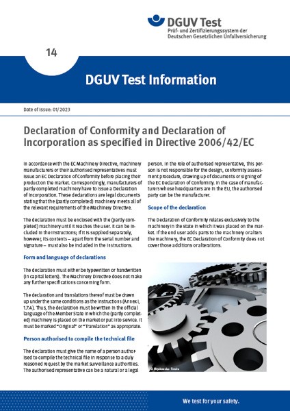 DGUV Test Information 14: Declaration of Conformity and Declaration of Incorporation as specified in