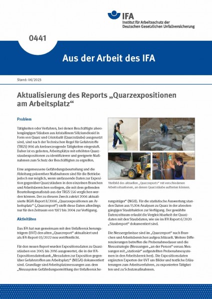 Aktualisierung des Reports „Quarzexpositionen am Arbeitsplatz“ (Aus der Arbeit des IFA Nr. 0441)