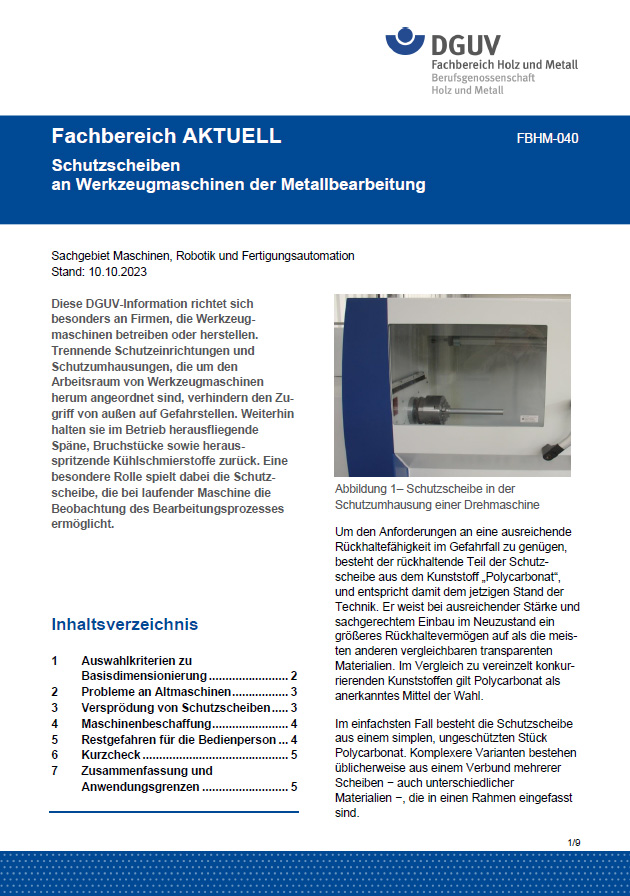 FBHM-040: Schutzscheiben an Werkzeugmaschinen der Metallbearbeitung ...