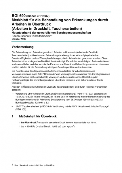 Merkblatt für die Behandlung von Erkrankungen durch Arbeiten in Überdruck (Arbeiten in Druckluft, Ta