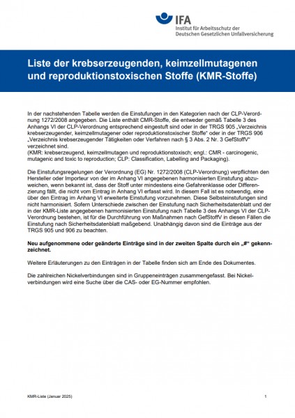 Liste der krebserzeugenden, keimzellmutagenen und reproduktionstoxischen Stoffe (KMR-Stoffe)
