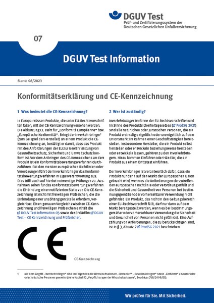 DGUV Test Information 07: Konformitätserklärung und CE-Kennzeichnung