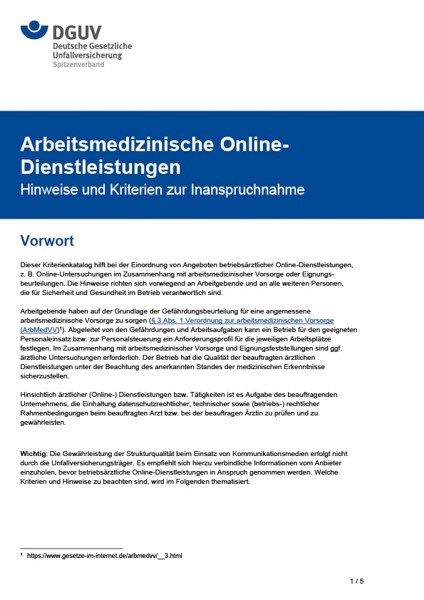 Arbeitsmedizinische Online-Dienstleistungen - Hinweise und Kriterien zur Inanspruchnahme